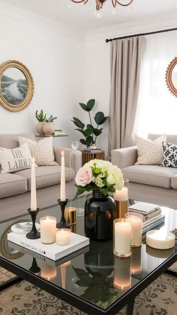 Chic coffee table styled with flowers, candles, and books in a cozy living room