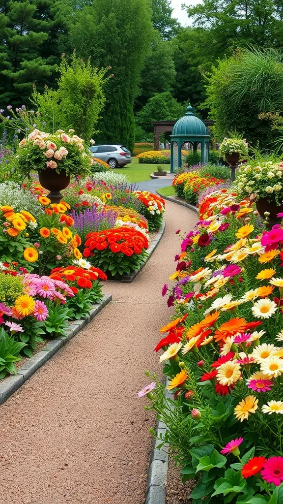 23+ Creative Garden Path Ideas for a Stunning Outdoor Journey 15 A beautiful garden pathway bordered by colorful flowers, creating a vibrant and inviting atmosphere.
