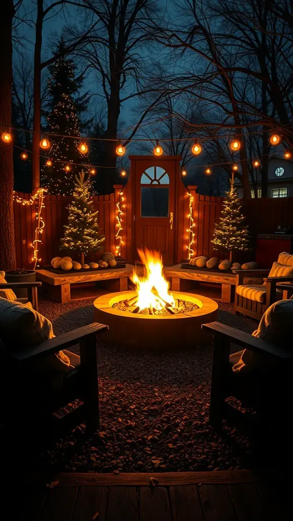 A cozy fire pit surrounded by string lights and comfortable seating, creating a warm outdoor gathering space.