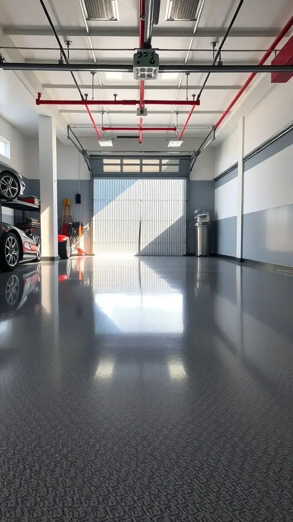 A garage with a sleek metallic epoxy floor finish, showcasing a shiny and reflective surface.