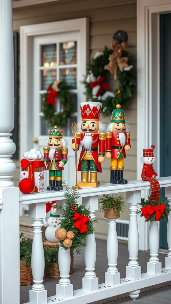 A festive porch decorated with nutcracker figurines and holiday decorations.