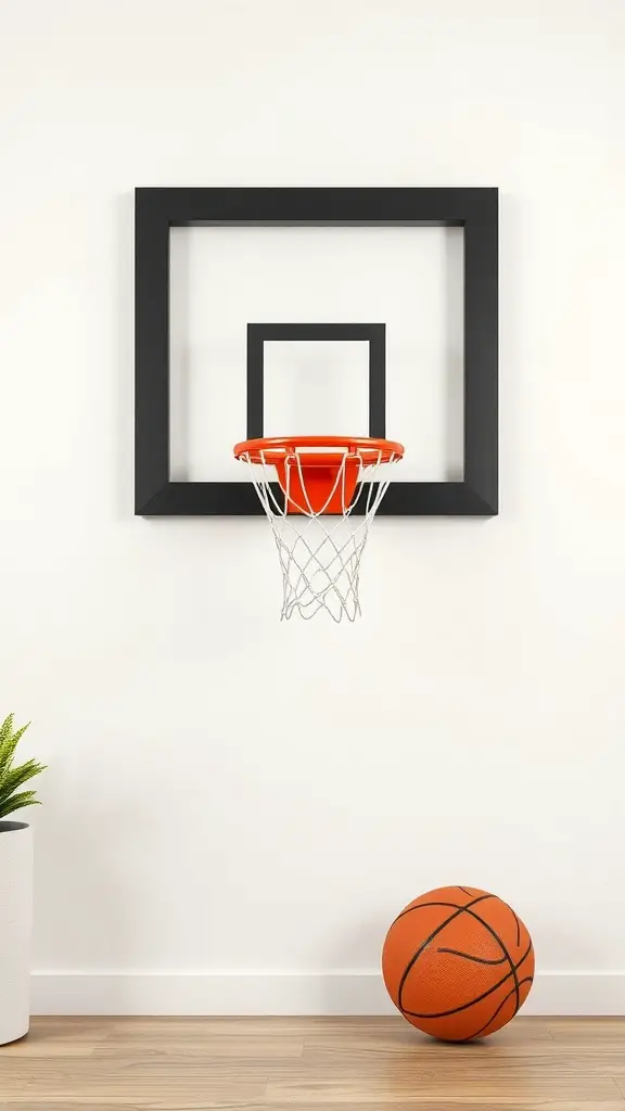 19+ Inspiring Sports Room Decor Ideas to Elevate Your Space 12 Basketball hoop wall art with a basketball on the floor