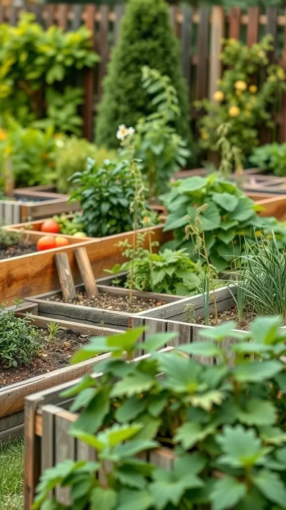 27+ Stunning English Garden Landscaping Ideas You’ll Love 8 A lush English garden with raised beds filled with various edible plants, including tomatoes and herbs.