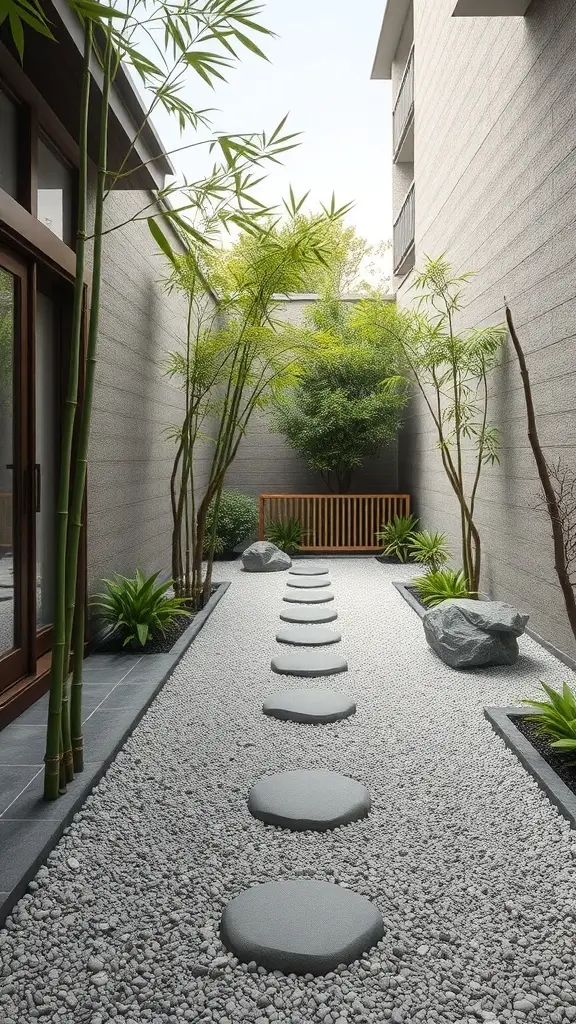 27+ Creative Long Narrow Backyard Ideas for Your Outdoor Space 13 A serene zen garden featuring stepping stones, gravel, bamboo plants, and a wooden bench.
