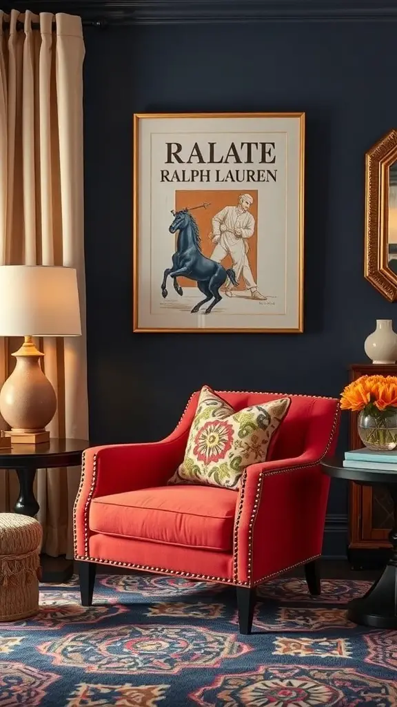 25+ Stunning Ralph Lauren-Inspired Interior Design Ideas 3 A vibrant red armchair with decorative pillow, next to a table and lamp, against a dark wall featuring Ralph Lauren artwork.