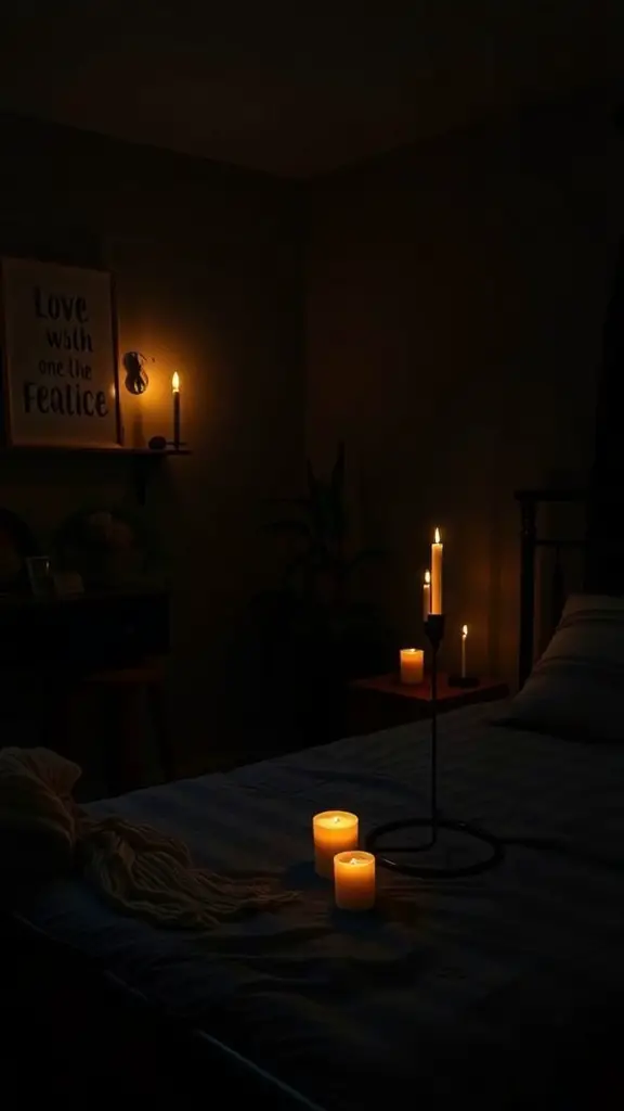 37+ Dark Cottagecore Bedroom Ideas: 15 Must-Have Items for a Cozy Retreat 6 A dark cottagecore bedroom illuminated by candles, featuring a cozy bed and warm lighting.