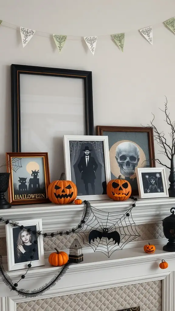 25+ Spooktacular Dollar Tree Halloween Decor Ideas Under $25 2 A collection of haunted picture frames with Halloween decorations, including pumpkins and spider webs.