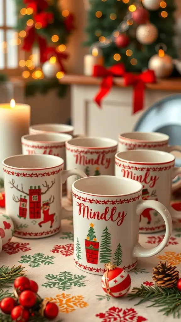 A collection of custom painted mugs with holiday designs on a festive table.