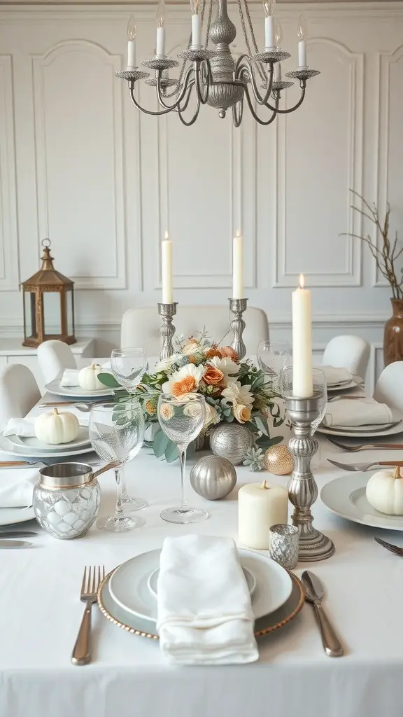 A Thanksgiving table set with white and silver decor, featuring candles, floral arrangements, and elegant tableware.