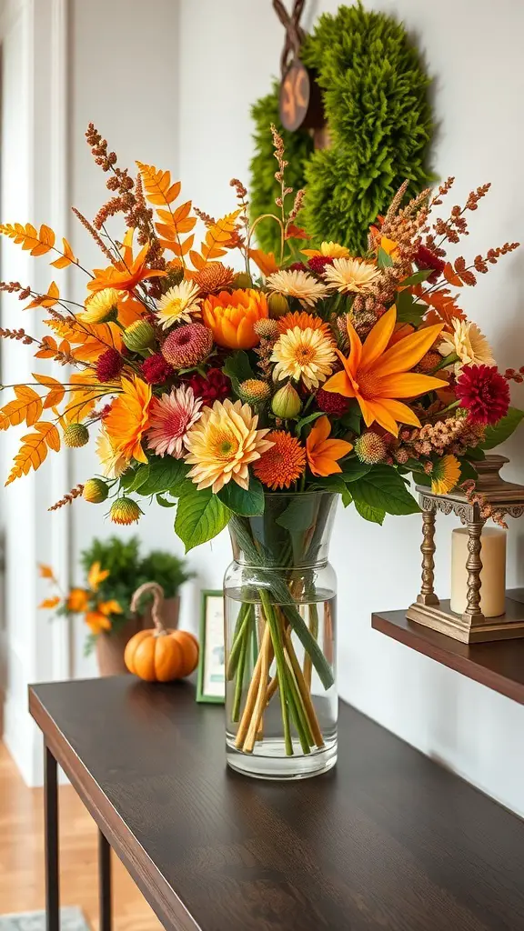 A vibrant fall bouquet with orange and yellow flowers in a clear vase, placed on a wooden table with a small pumpkin nearby.