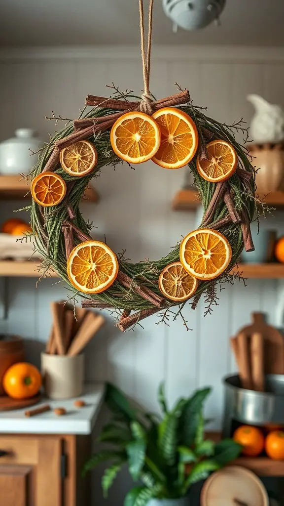 29+ Elegant Fall Wreaths to Enhance Your Home Decor 16 A wreath made of cinnamon sticks and dried orange slices, hanging in a cozy kitchen.