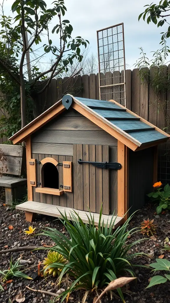 31+ Creative Outdoor Cat House Ideas for Your Feline Friend 15 A durable outdoor cat house made of wood with a slanted roof, surrounded by plants.