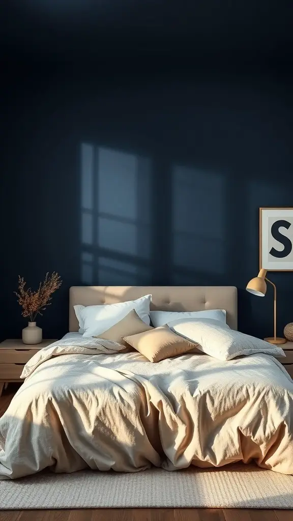 37+ Stunning Dark Blue Bedroom Ideas for a Cozy Retreat 8 A cozy bedroom with navy blue walls, a light-colored bed, and a bedside lamp.