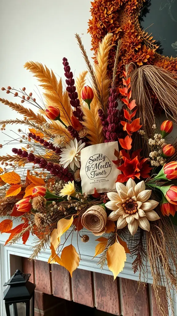 27+ Stunning Fall Mantle Decor Ideas You’ll Love 7 A beautiful autumn floral arrangement featuring dried flowers and vibrant colors on a mantle.