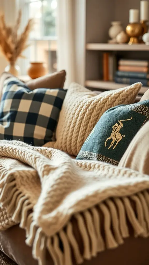 Cozy textiles featuring pillows and a blanket in a Ralph Lauren home aesthetic.