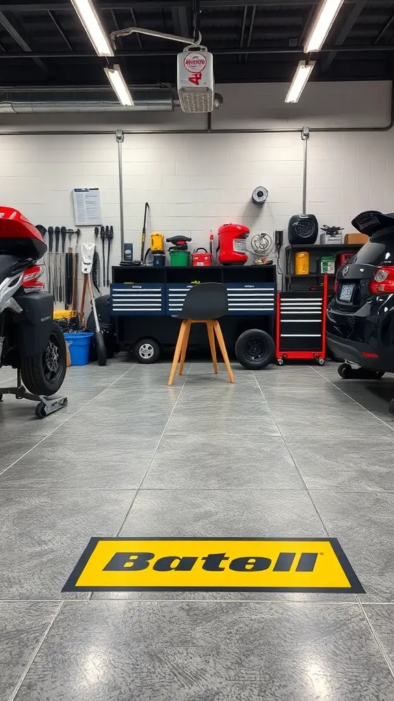 25+ Creative Garage Tile Floor Ideas to Transform Your Space 17 A garage floor featuring a custom logo tile with the word 'Batelli' in yellow on a gray tiled floor.