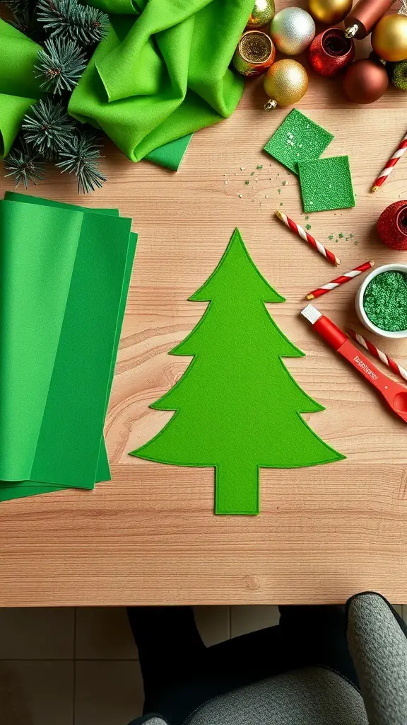 A workspace with green felt, ornaments, and craft supplies for making Grinch tree decorations.