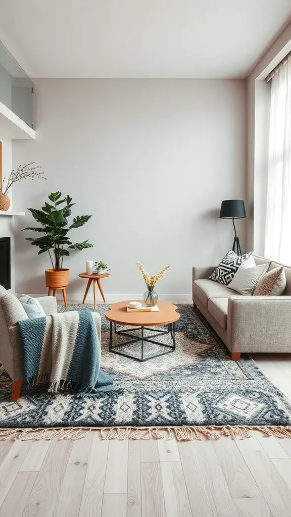 A cozy living room featuring a patterned rug, soft throw blanket, and plants, showcasing layered textures.