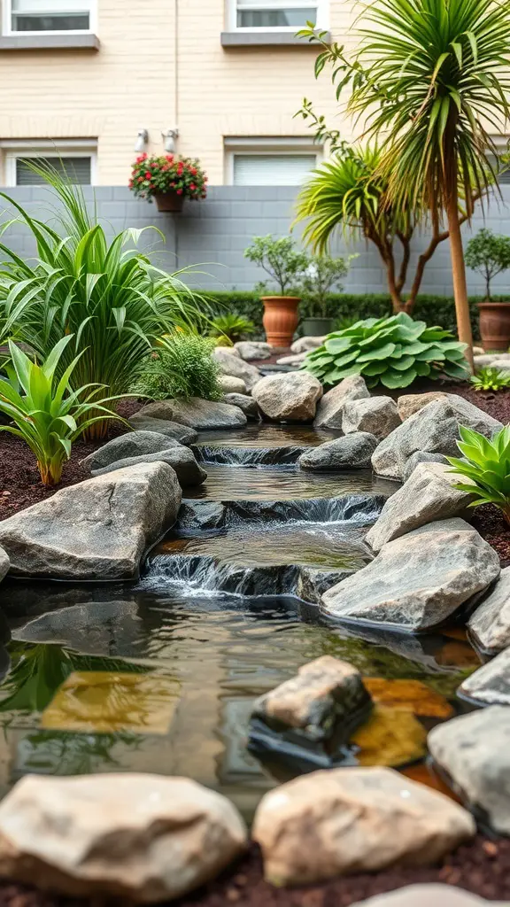 A serene townhouse garden featuring a small water stream surrounded by rocks and lush plants.