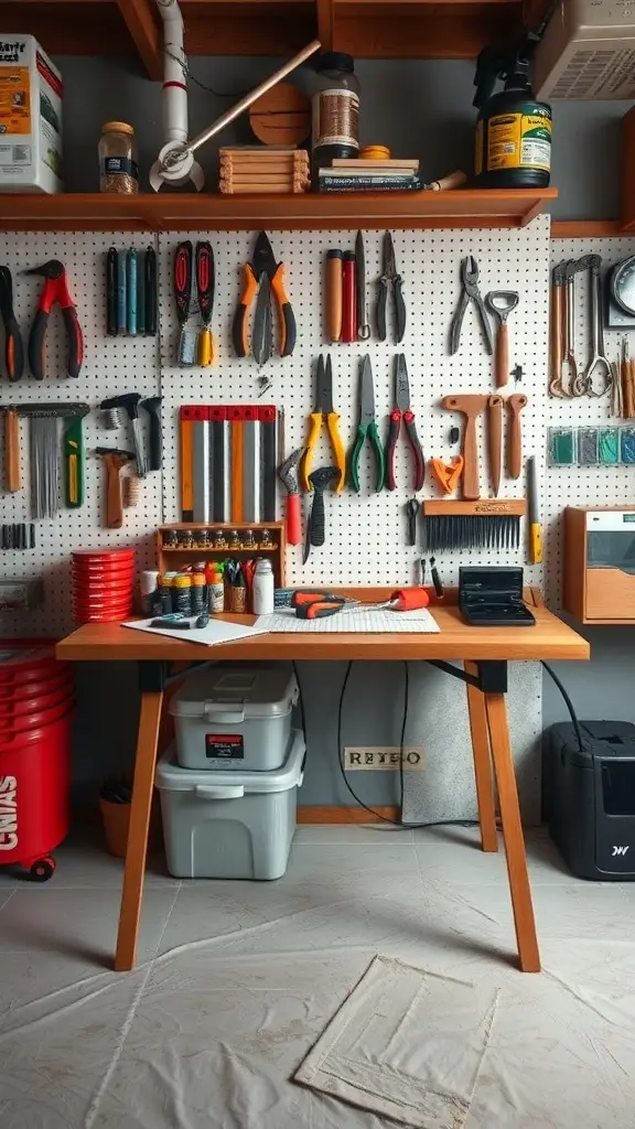 25+ Craft Tables with Storage for Organized Creativity 12 Craft table with a pegboard back displaying various tools and storage bins underneath.