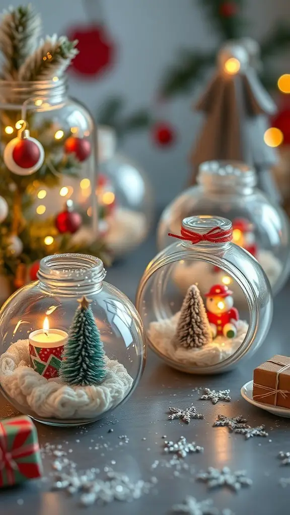 A collection of glass jar lid ornaments featuring mini Christmas trees, snowmen, and fairy lights, all set against a festive background.