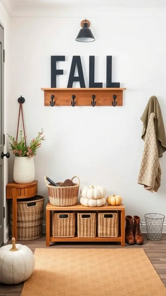 A stylish fall entryway with hooks, baskets, pumpkins, and a cozy rug.