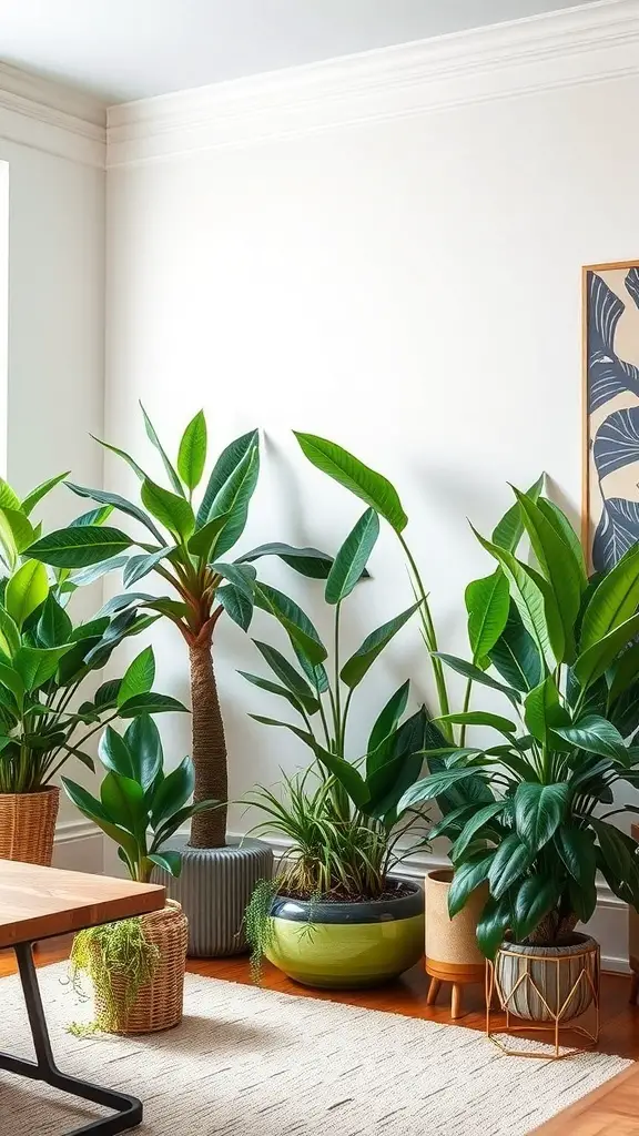 Indoor plants arranged in a cozy corner with various pots and a wooden table.