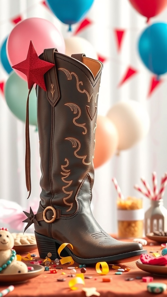 25+ Creative Cowboy Boot Centerpieces for Your Next Event 18 A cowboy boot centerpiece surrounded by balloons and party decorations.