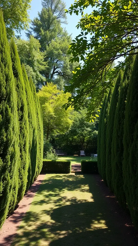 L-shaped backyard with tall trees and hedges providing privacy and shade.