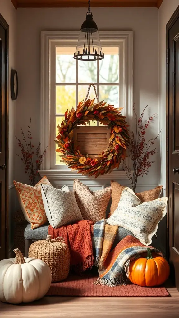 Cozy fall entryway with pillows, throws, pumpkins, and a wreath.