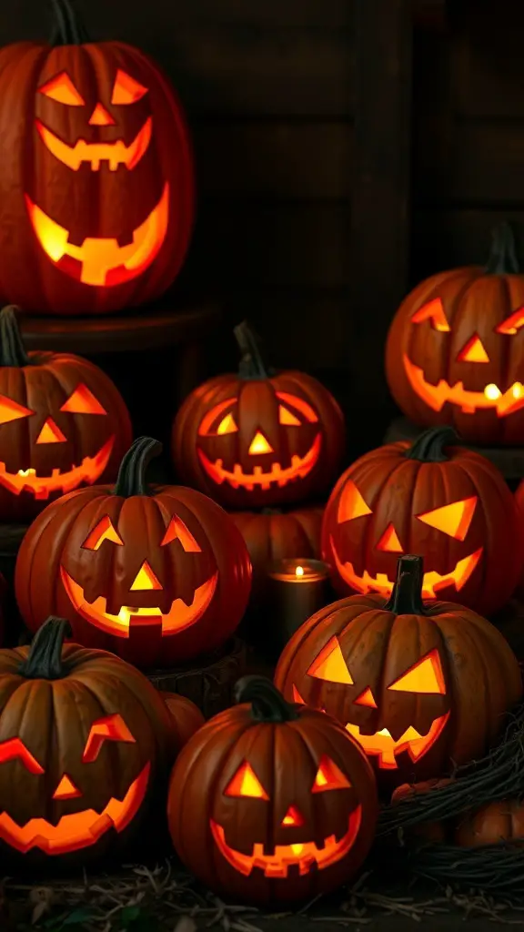 27+ Enchanting Vintage Halloween Decorations to Elevate Your Spooky Season 2 A collection of creatively carved jack-o'-lanterns glowing warmly in the dark.