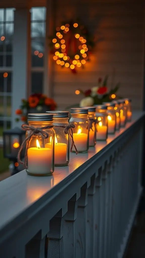 Mason jar lanterns with candles glowing on a porch railing