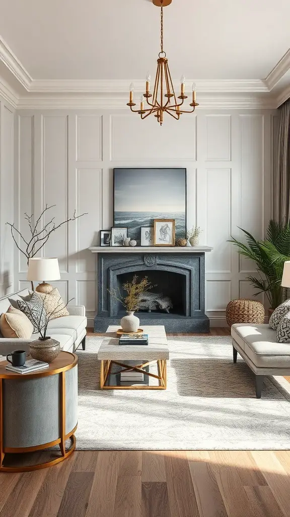 27+ Stunning Ideas for a Neutral and Blue Living Room Decor 16 A neutral and blue living room featuring a metallic chandelier and accents.