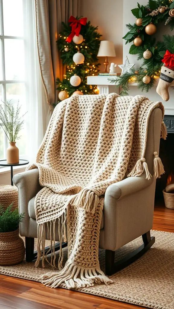 A cozy crochet blanket draped over a chair in a festive living room setting.
