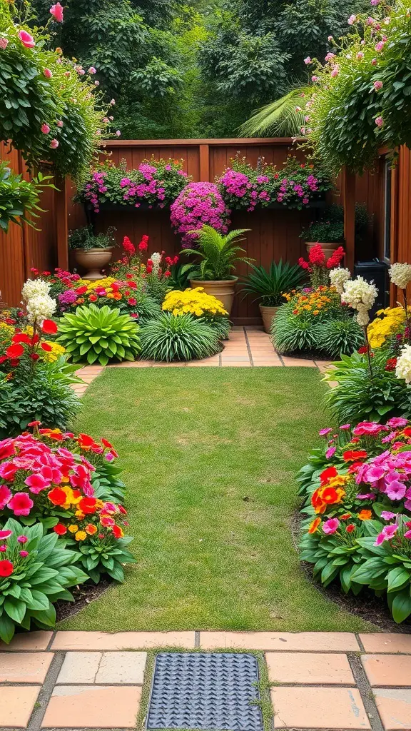 23+ Stunning Rectangular Backyard Design Ideas You’ll Love 13 A vibrant backyard garden filled with colorful flowers and greenery.