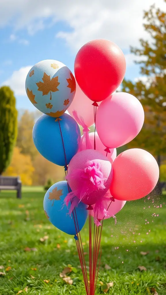 23+ Creative Fall Gender Reveal Ideas for Your Autumn Celebration 5 Colorful balloons with fall leaves in a park setting