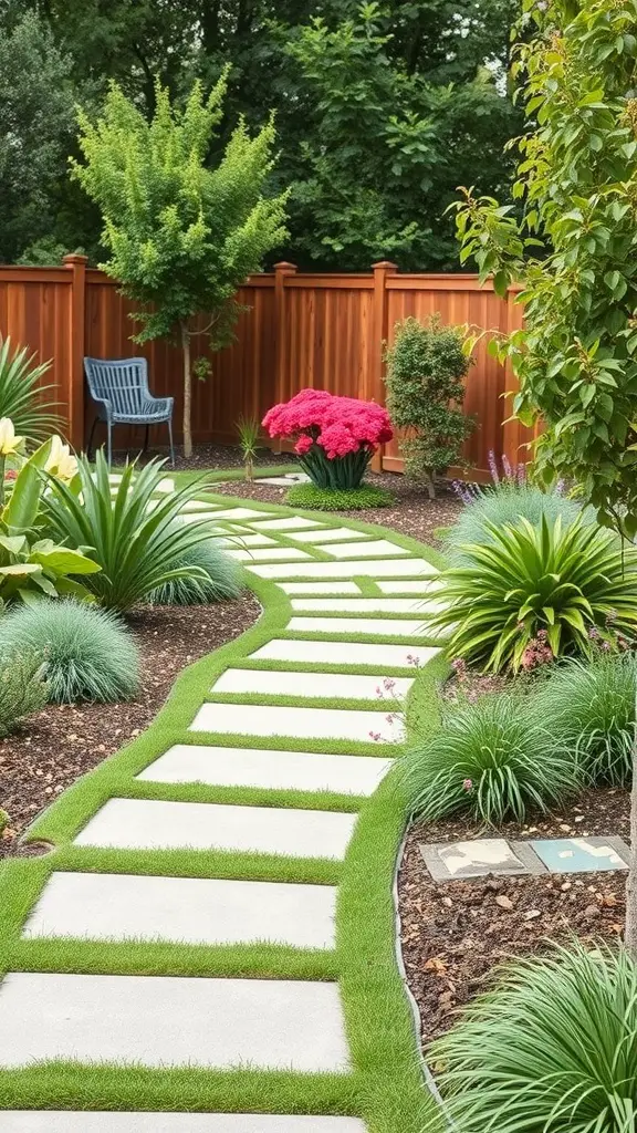A dog-friendly backyard with a stone path surrounded by plants and flowers.