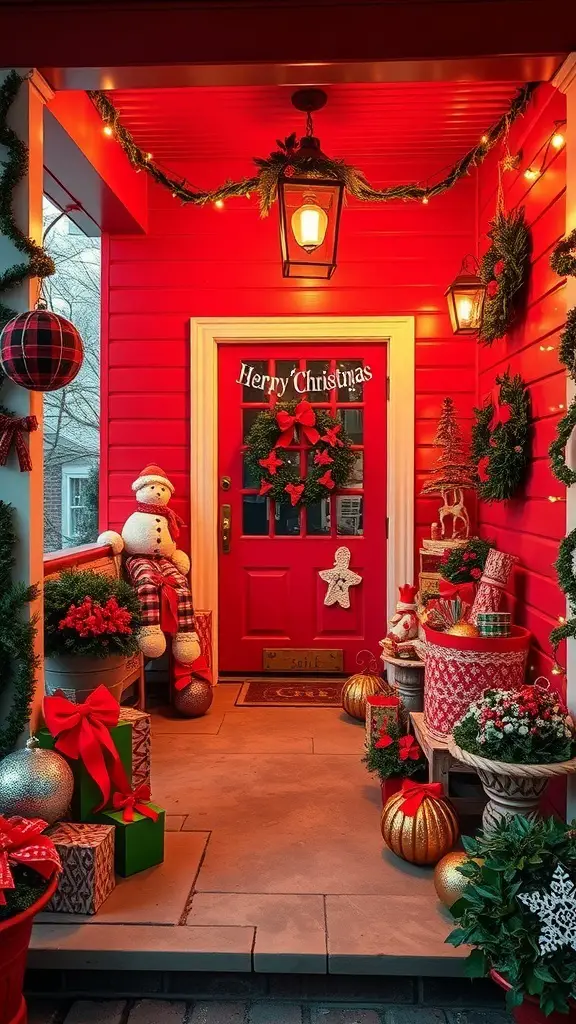 A festive Christmas porch decorated with red and green colors, featuring a red door, wreaths, and holiday decorations.