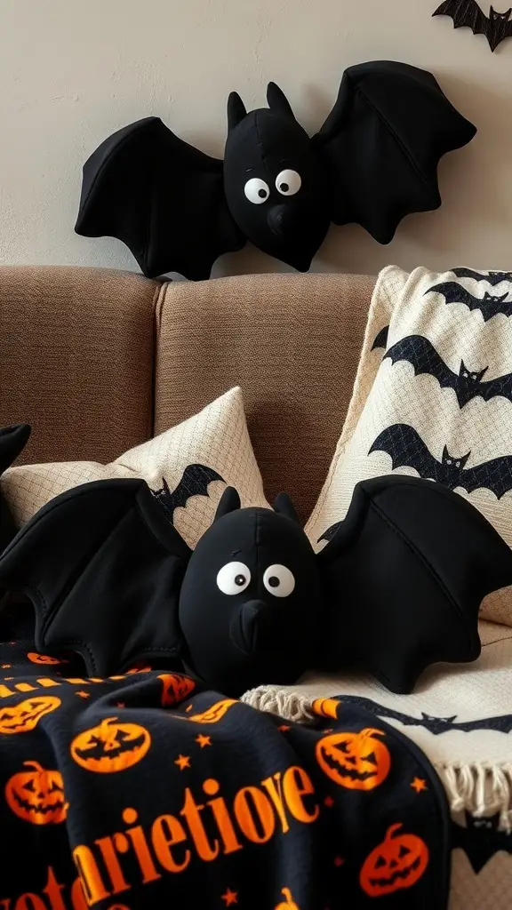 Two cute bat pillows with googly eyes on a couch, surrounded by Halloween-themed decor.