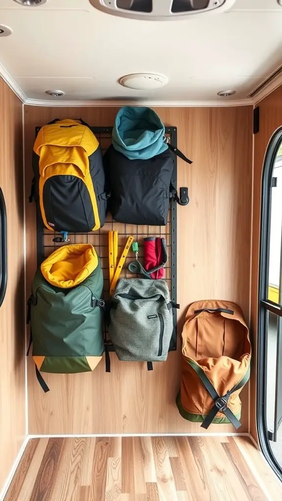 33+ Creative Camper Clothes Storage Ideas for Your Next Adventure 21 A wall-mounted rack displaying various colorful backpacks in a camper.