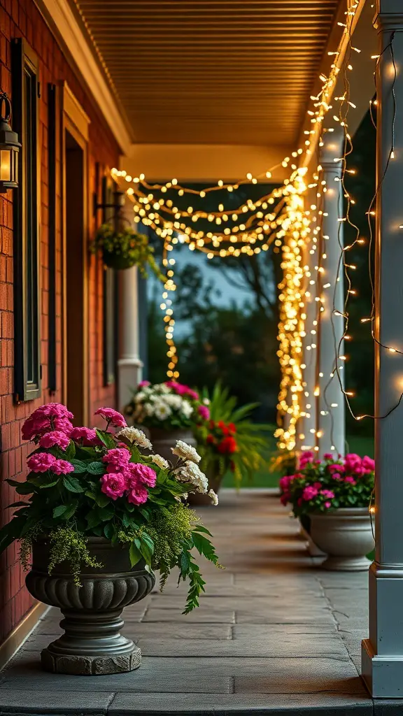 25+ Creative Front Porch Lighting Ideas to Brighten Your Home 11 Front porch with fairy lights wrapped around planters filled with colorful flowers