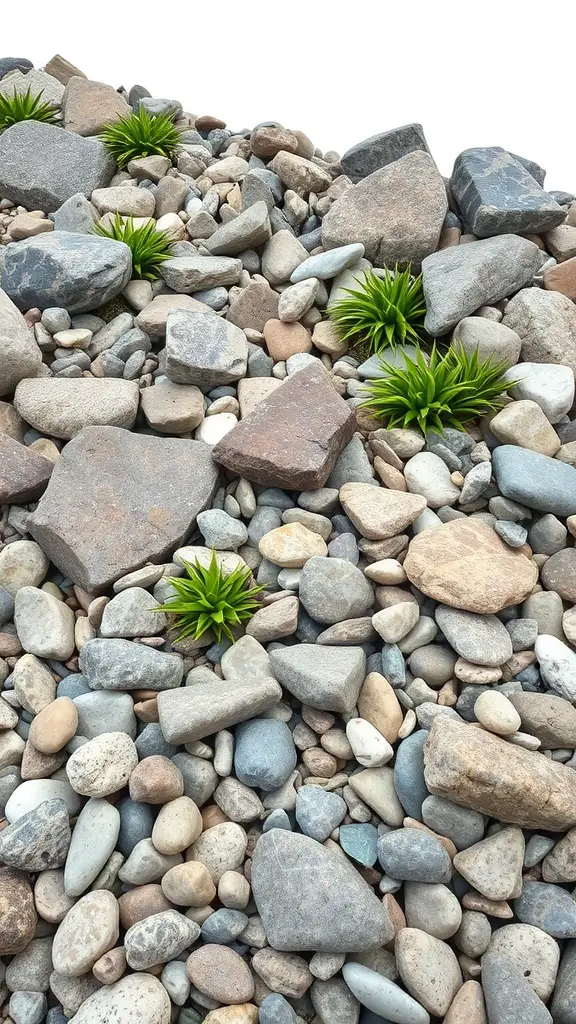A rock garden featuring various sizes of stones and small green plants.