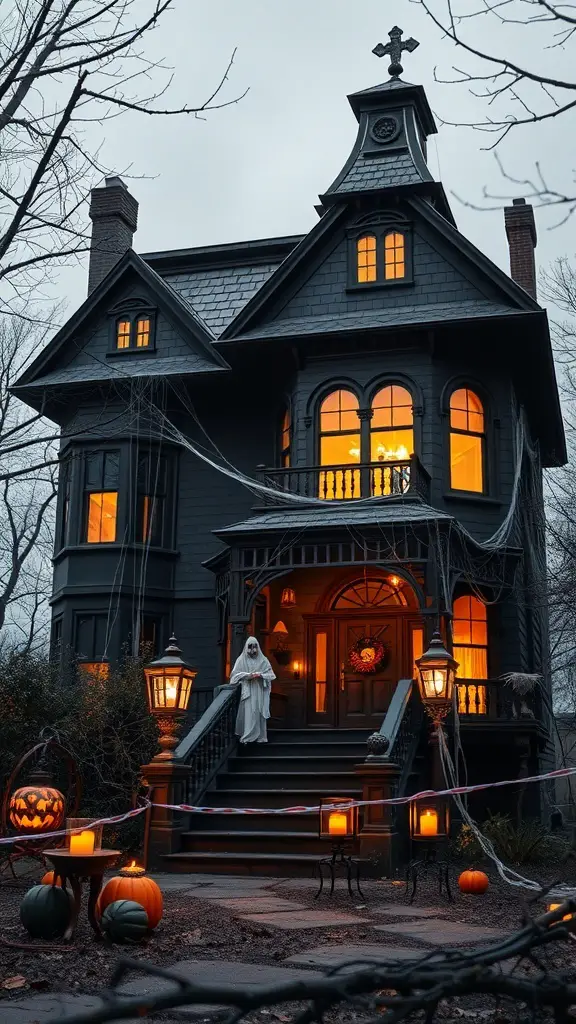 33+ Spooktacular Halloween Party Themes You Need to Try 12 A haunted mansion with glowing windows, a ghost figure on the steps, and Halloween decorations.