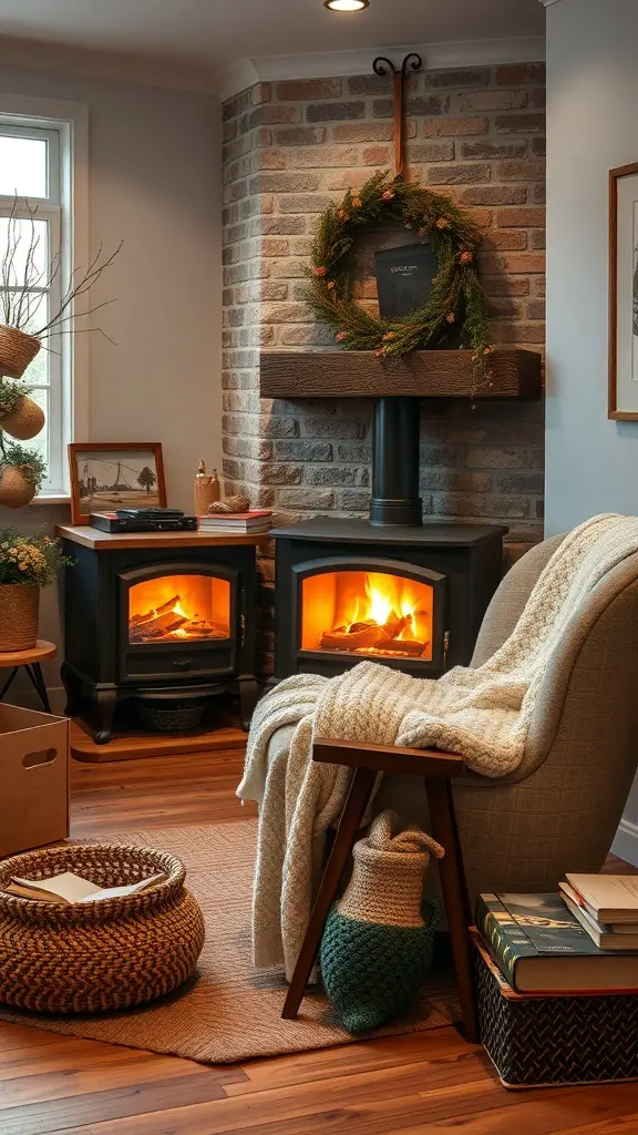 31+ Inspiring Wood Burning Stove Living Room Ideas 11 Cozy reading nook with a wood-burning stove, comfortable chair, and decorative elements.