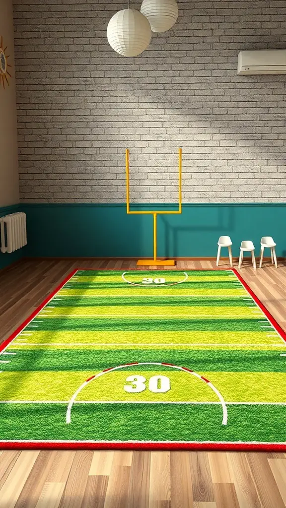 19+ Inspiring Sports Room Decor Ideas to Elevate Your Space 15 A vibrant football field-themed area rug in a sports-themed room.