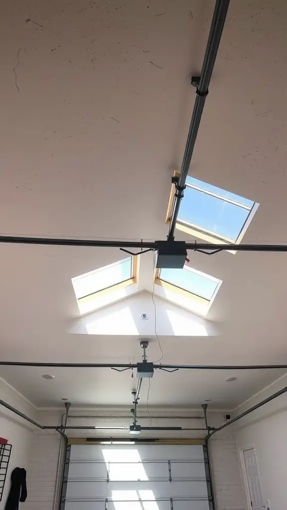 A garage ceiling featuring skylights that allow natural light to enter.
