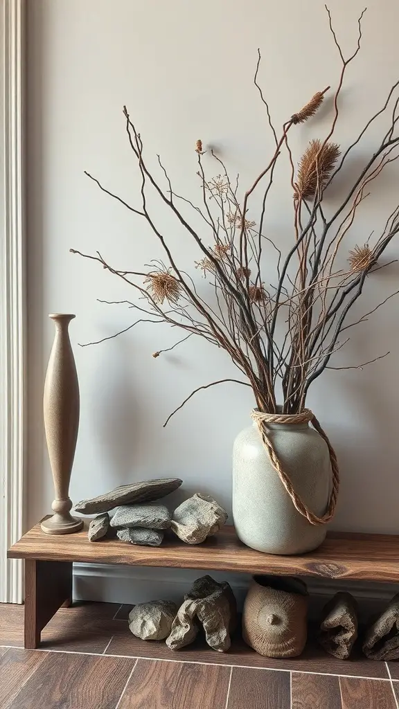 27+ Fall Entry Table Decor Ideas with 14 A fall entry table with dried branches in a vase, decorative stones, and a wooden bench.
