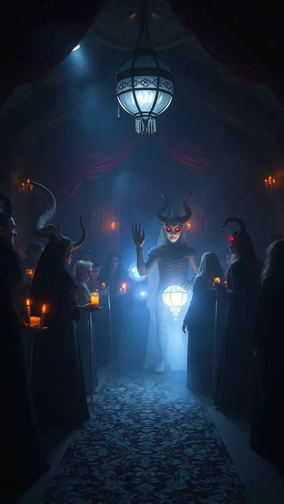 33+ Spooktacular Halloween Party Themes You Need to Try 22 A mysterious underworld fantasy realm with a central figure and guests in dark costumes, illuminated by candles and lanterns.