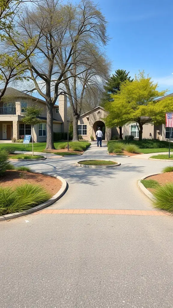 A circular driveway with landscaped areas and a person walking towards a house.