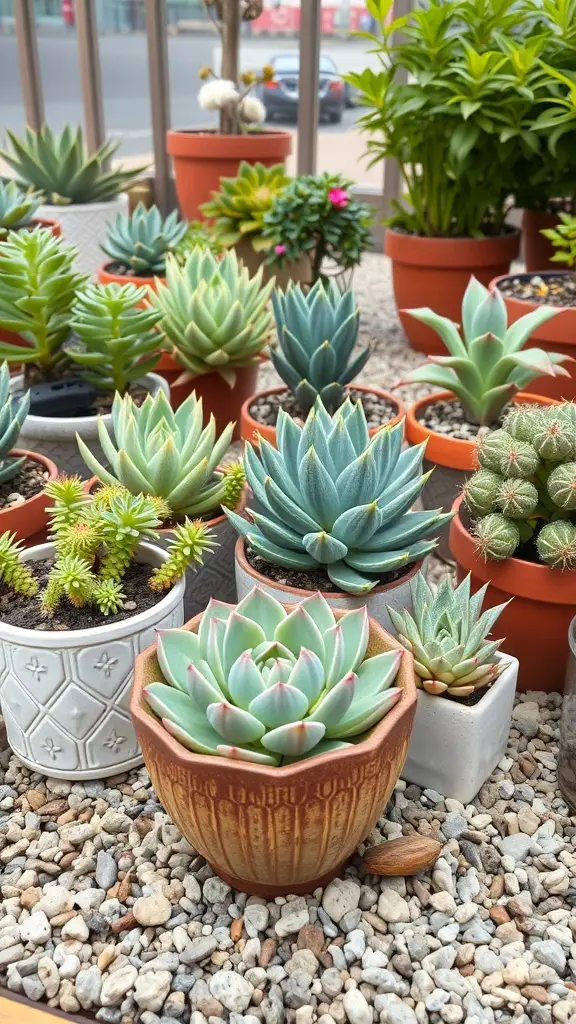 A collection of various succulents in decorative pots arranged on gravel.
